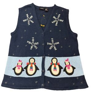 Vintage Christmas Beaded Penguin Button Down Vest Holiday Winter Oversized Sz M